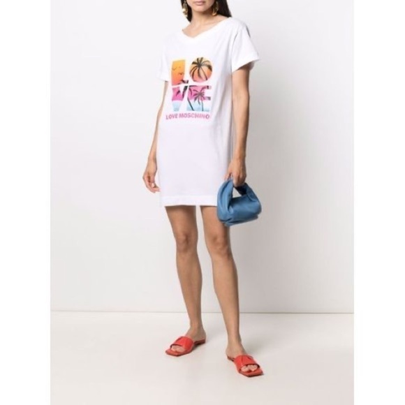 LOVE MOSCHINO White Cotton Palm Tree Print Crewneck T-Shirt Dress US 4 - Picture 5 of 15